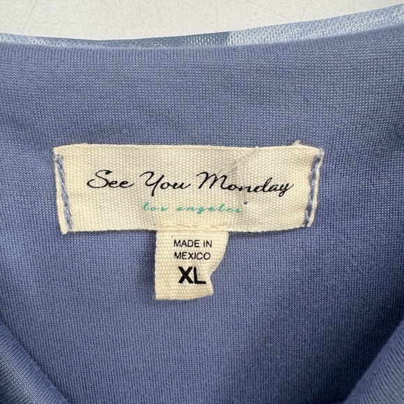 See You Monday Mini Dress Women's Size XL Blue Floral Spaghetti Strap Micro Mesh - Picture 5 of 9